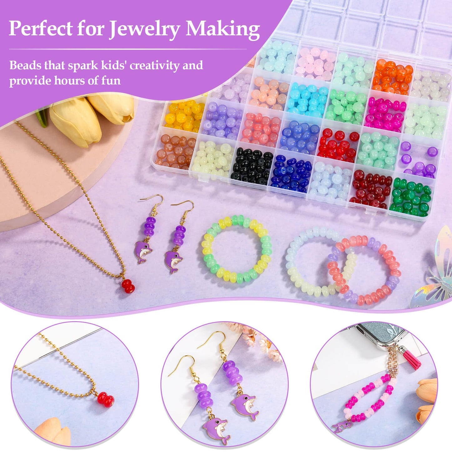 shynek 1120 Pieces Rondelle Beads for Jewelry Making, 28 Colors Glass Abacus Beads, Spacers for Bracelets, Jewelry Making and DIY Crafts, 5x8mm