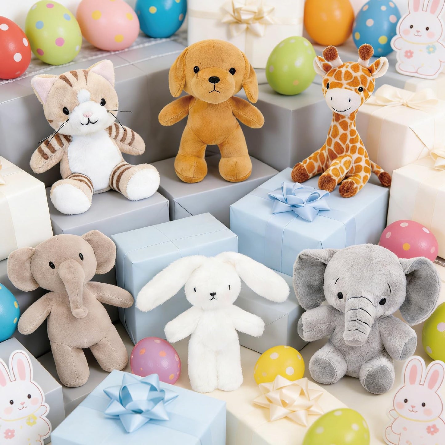 AmyToo 6 Pcs Stuffed Animals Bulk, 8 Inch Small Stuffed Safari Animals, Zoo Stuffed Animals Set (Cat Dog Elephants Giraffe Bunny) Baby Shower Party Decor, Easter Gift for Classroom Kids, Teens, Girls