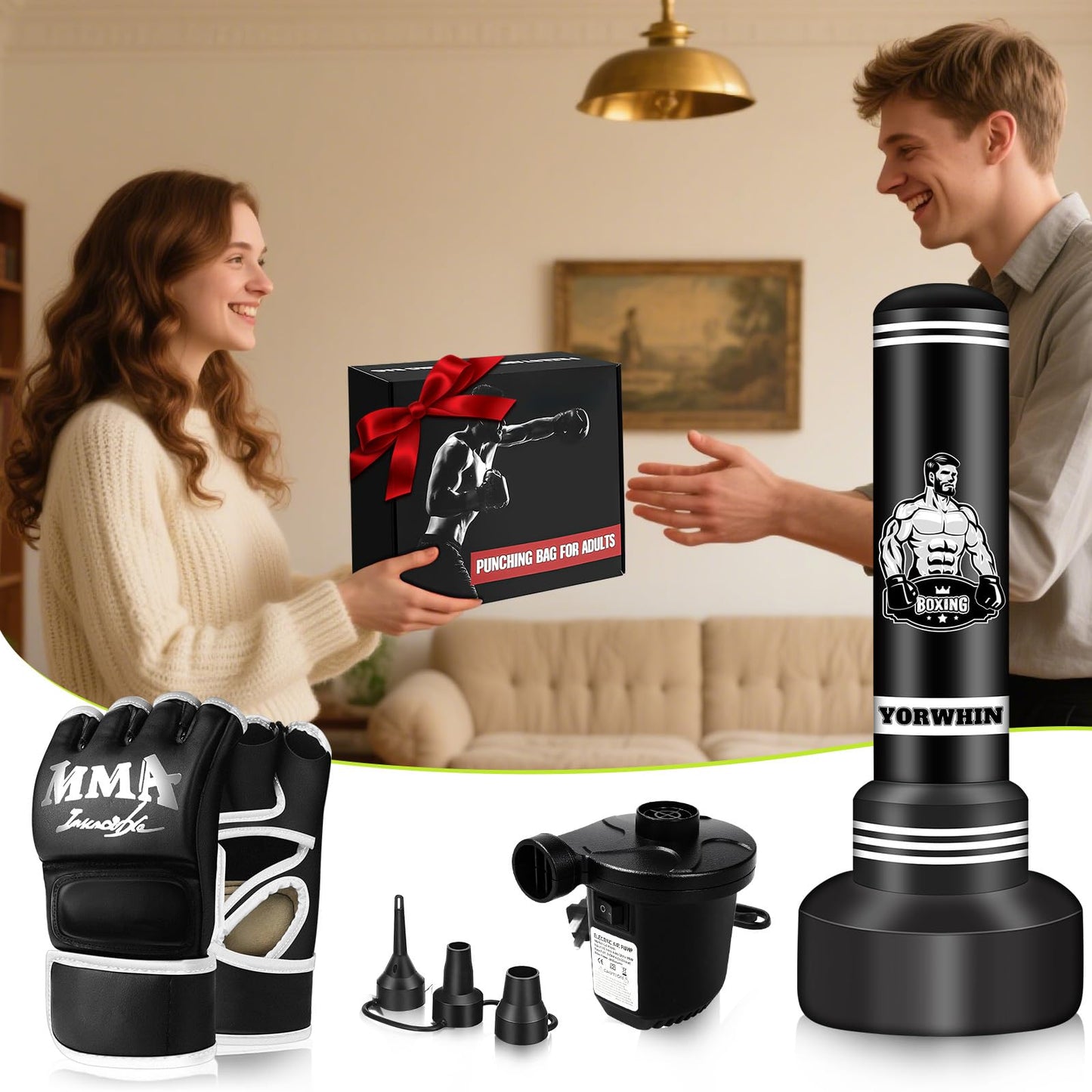 Heavy Punching Bag for Adults Teens, 70'' Standing Boxing Kicking Bag Freestanding Heavy Bag with Gloves and Electric Air Pump, Men Kickboxing Bags for Beginners Training MMA Muay Thai Fitness