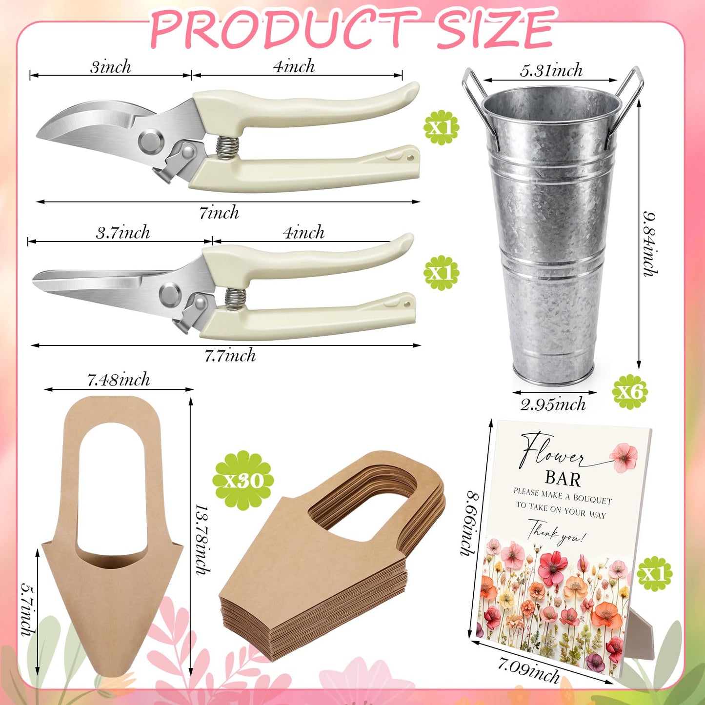LEIFIDE Flower Bar Buckets Set Kit Bloom Bar Supplies Include Wood Sign Gift Bags Iron Bucket Garden Flower Shears for Wedding Bridal Shower Graduation Birthday Table Centerpieces(39 Pcs,Silver)