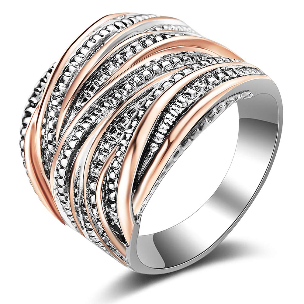 Mytys 2 Tone Intertwined Crossover Statement Ring Fashion Chunky Band Rings for Women Black Gold Silver Rose Gold Plated Wide Index Finger Rings Costume Jewelry (rose gold and silver size 9)