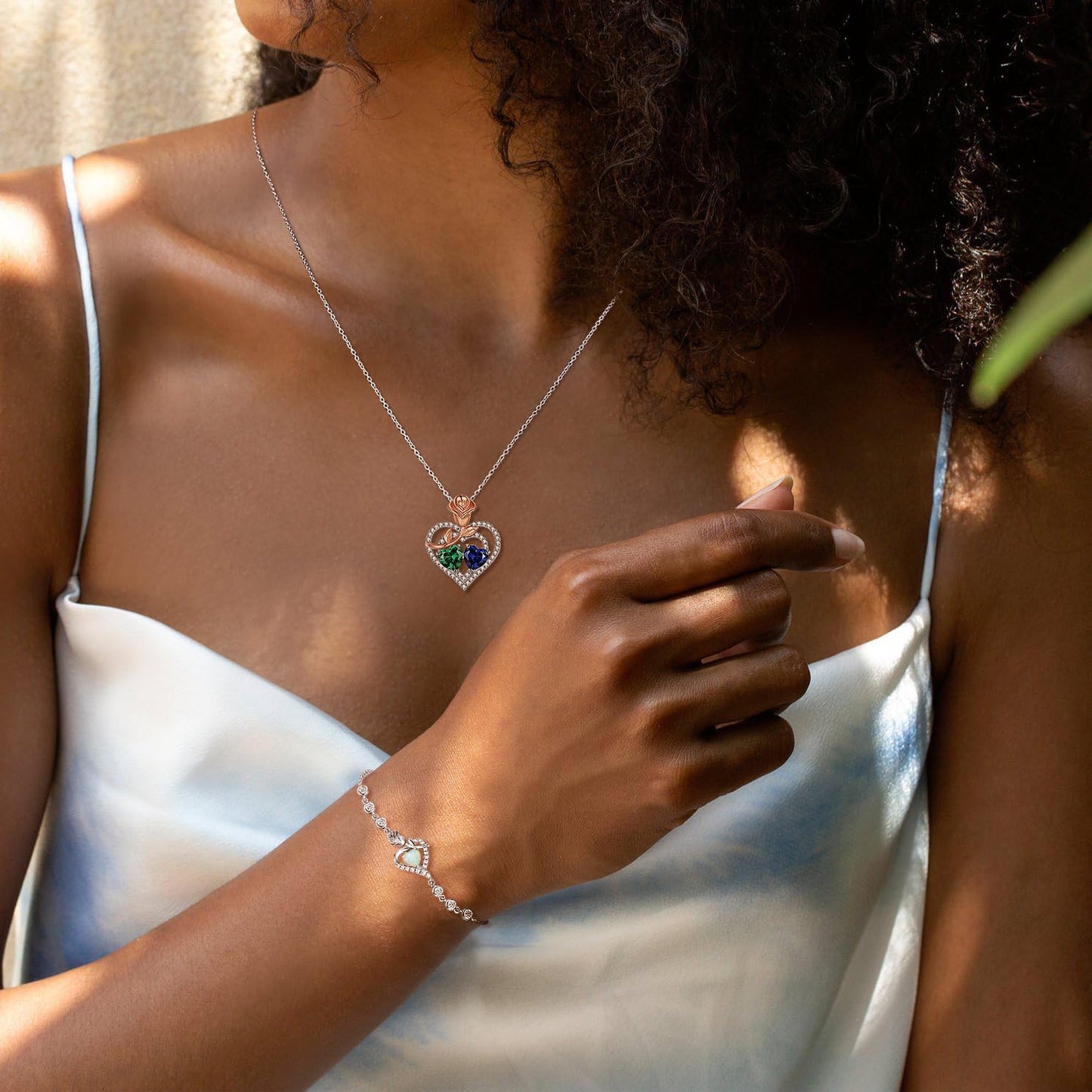 AGVANA June September Birthstone Jewelry Alexandrite Sapphire Necklace Sterling Silver Rose Flower Heart Double Birthstone Pendant Necklace Anniversary Birthday Gifts for Women Mom Wife Lady Her