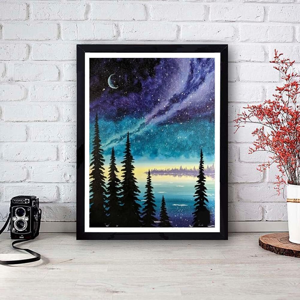 VIGEGU 4 Pack Paint by Numbers Kit for Adults Framed Canvas - with Wooden Easel,Adults' Paint-by-Number Kits Moon Lake Tree Mountain DIY Acrylic Landscape Oil Painting Arts Crafts 7.8x11.8inch