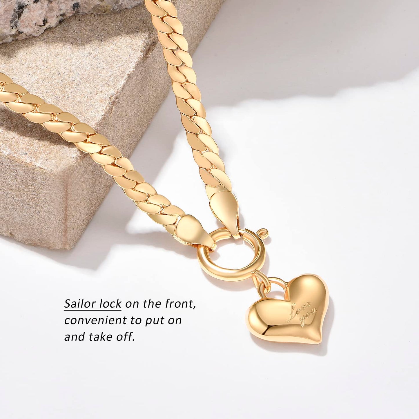 NUZON Love Heart Pendant Necklace for Women 18K Gold Plated Thick Flat Herringbone Snake Chain Choker Engraving “Love You” Charm Sailor Lock Layering Jewelry 16’’