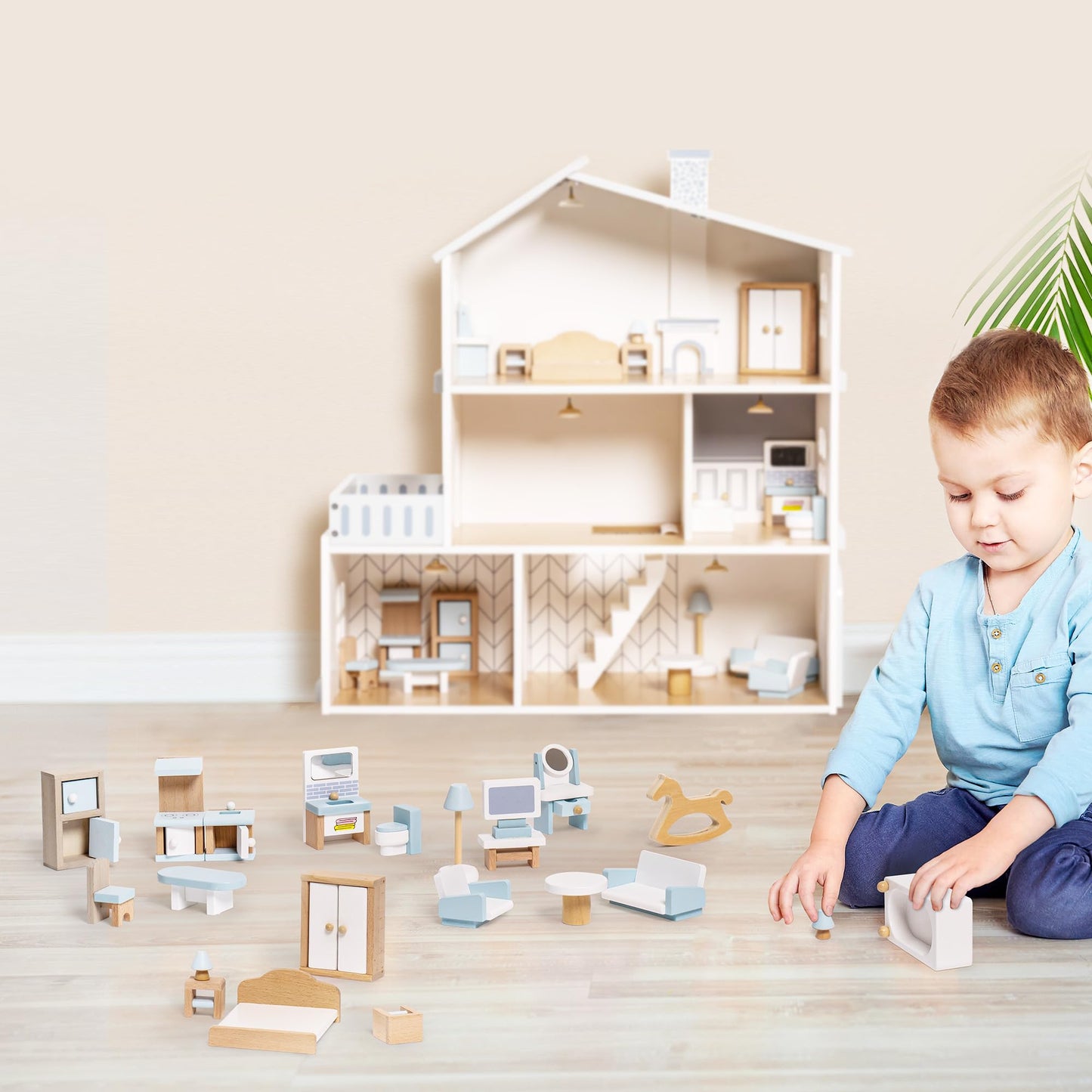 ROBUD Wooden Dollhouse Furniture Set, 23 Pcs Dollhouse Accessories, Miniature Furniture Including 5 Room Kits, Dollhouse Furniture Pretend Play Toys for Boys, Girls & Toddlers, 3+