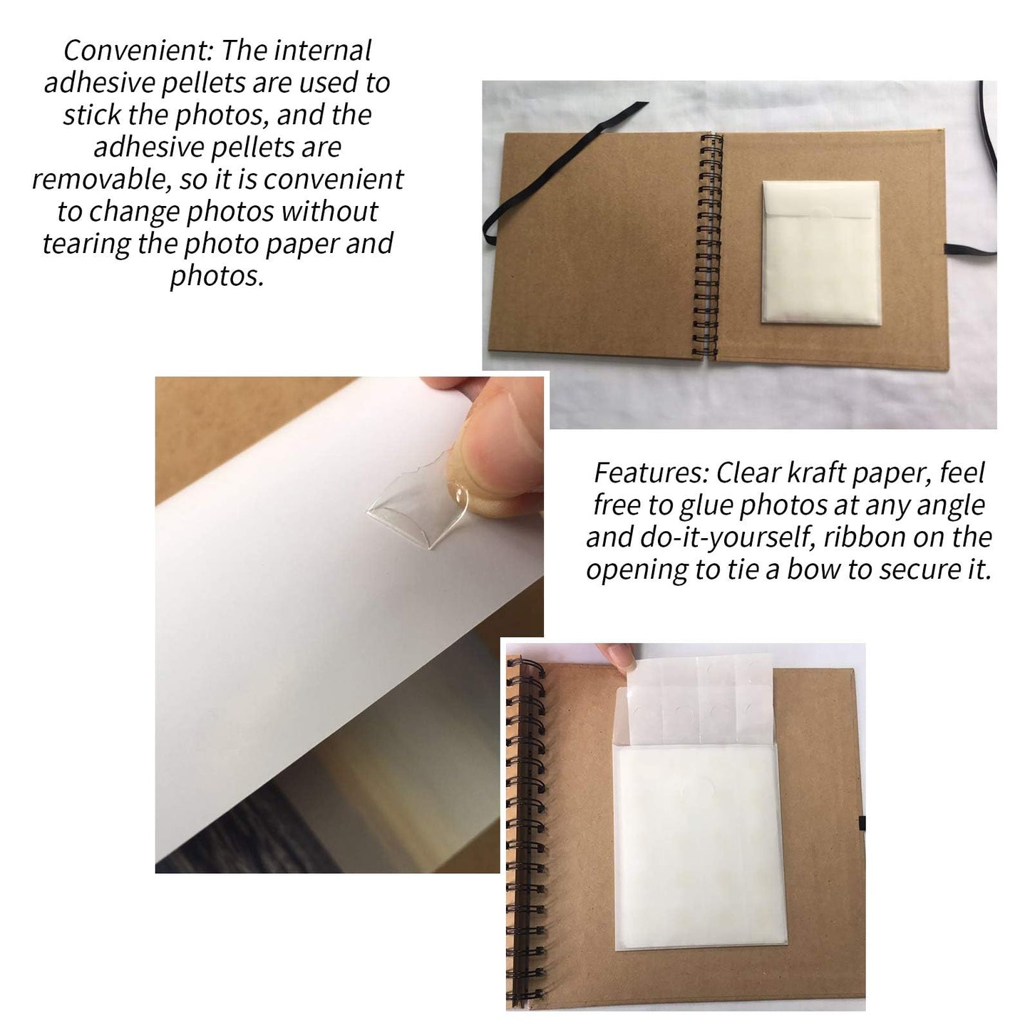 DIY Scrapbook Photo Album Kraft Paper Cover with Adhesive Pellets for Anniversary Wedding Travelling (No lettering on the cover)