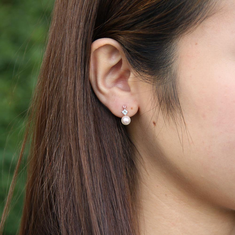 Japanese 6.0mm Akoya Cultured Pearl with Aquamarine and Pink Tourmaline Earrings for Women with 18K Rose Gold | Stylish Design Excellent Gift | Pearl Earrings