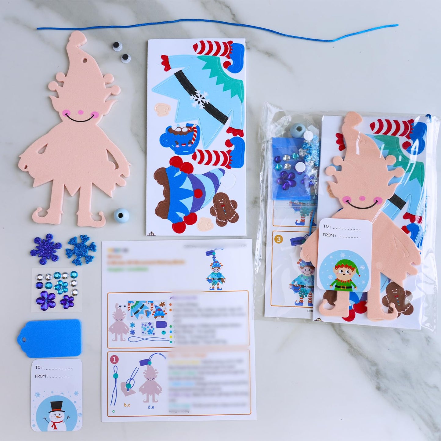 Winlyn 24 Sets Winter Decorations DIY Elf Ornaments Christmas Craft Kits Foam Elf with Snowflake Festive Foam Stickers for Kids Holiday Seasonal Gift Home Classroom Activities Party Favors