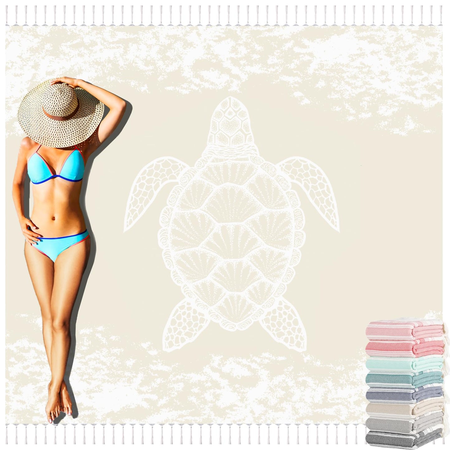 Yongoes Oversized Turkish Beach Towel Blanket Cotton Giant XL Sandproof Towels Huge Linen XXL Extra Large Big Throw Quilt Blankets for Adults Beige Turtle
