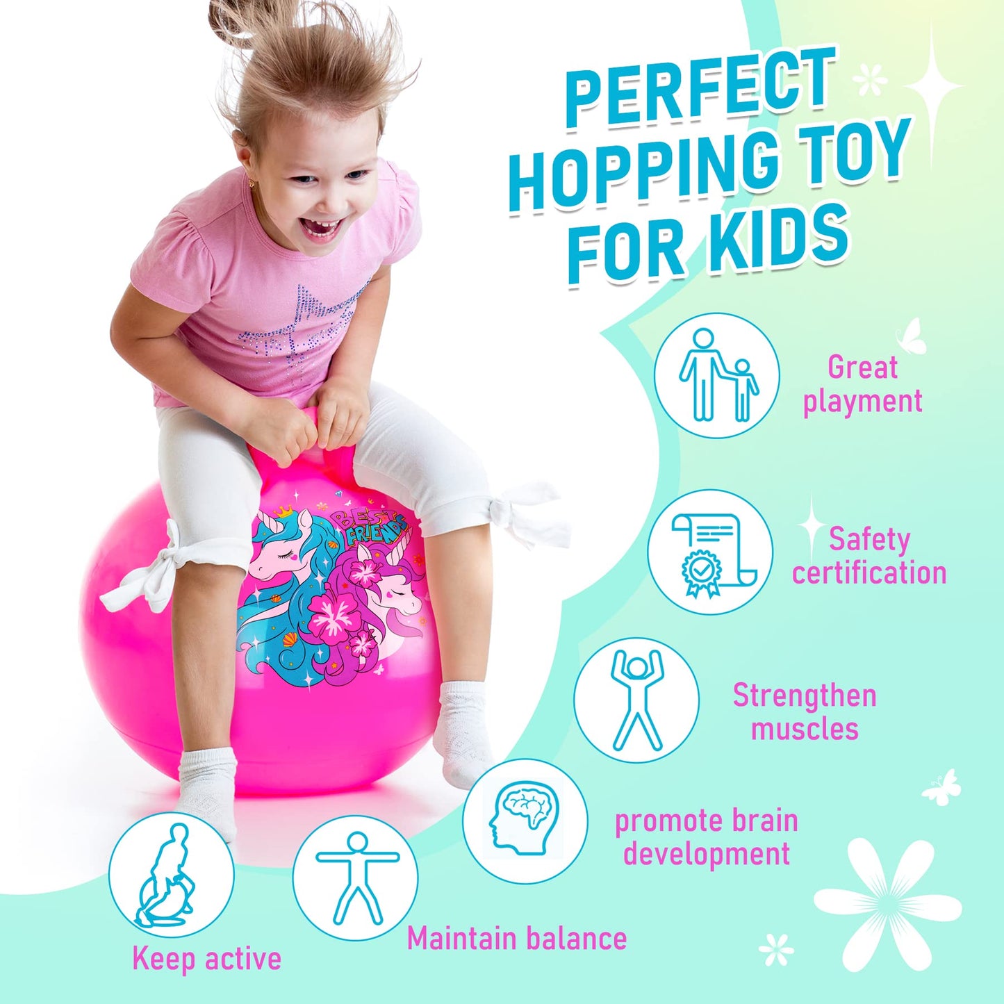 U&C Planet Hopper Ball,18 inches Bouncy Ball with Handle for Kids Age 3-6, Sit on Bounce Jumping Hopping Toy with Pump, Great Toddler Girls Toys for Birthday Gifts, Pink Unicorn