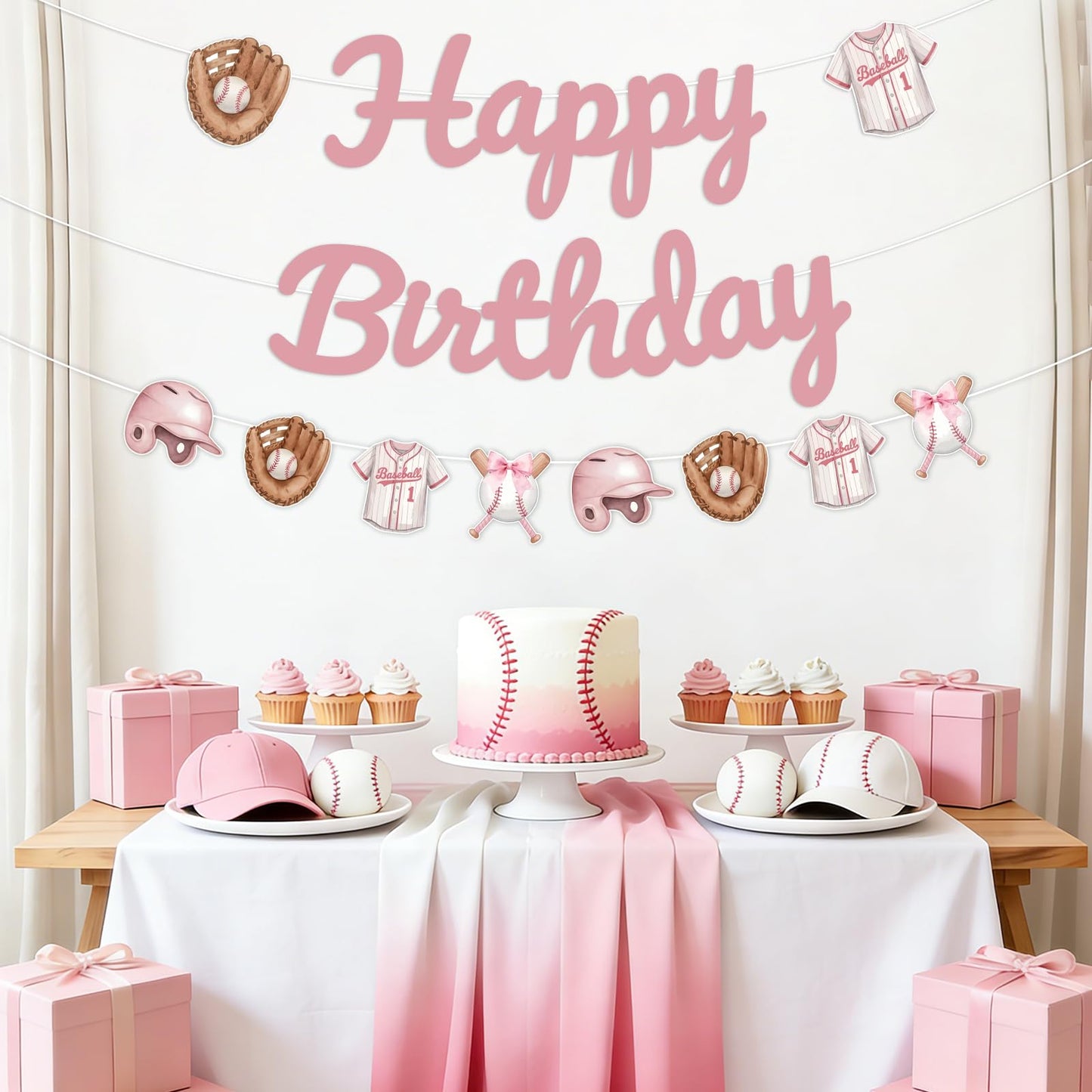 SHADOAMP Baseball Birthday Party Decorations Girl, Pink “Happy Birthday” Banner and Hanging Cutouts - Softball Themed Garland Kit with Gloves, Jerseys, Helmets - DIY Paper Set for Sporty Girl