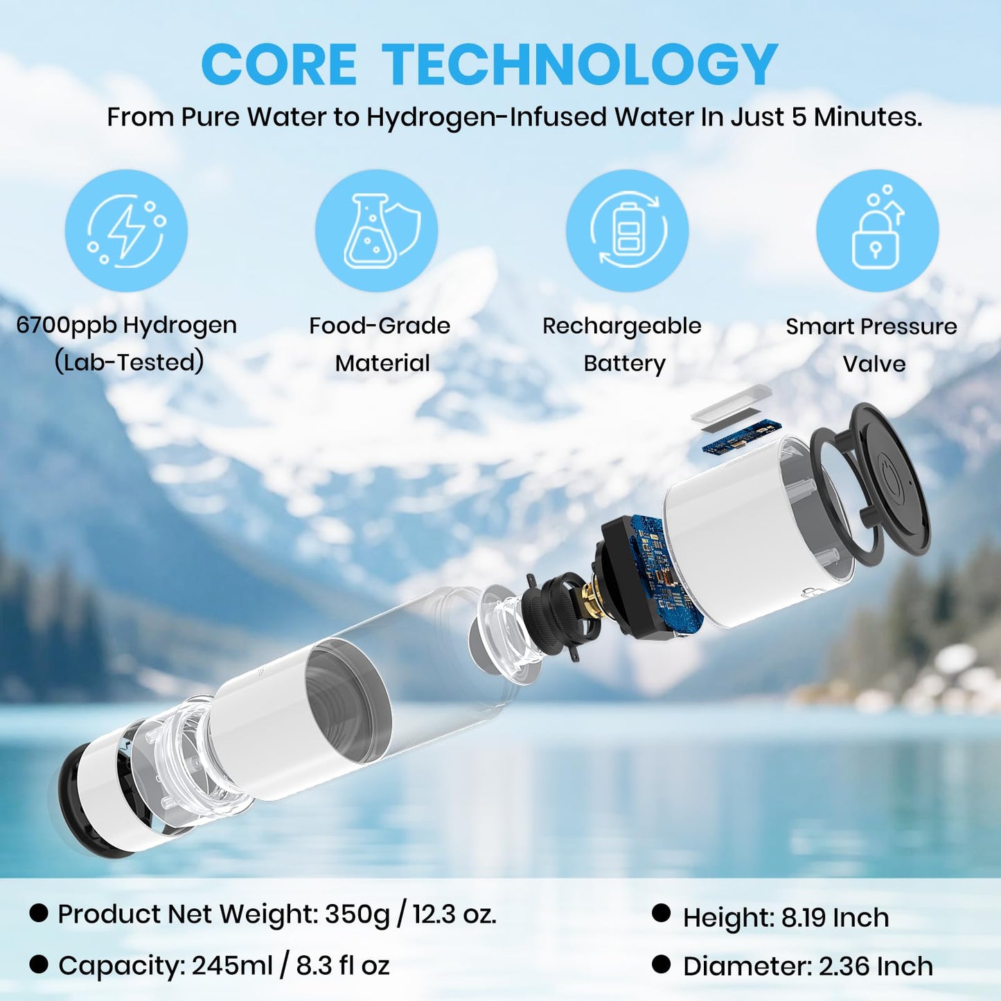 HydorX Hydrogen Water Bottle Portable Hydrogen Generator 6700ppb High Concentration Medical Grade 8.3oz USA Brand N117 SPE Platinum PEM Technology Hydrogen Bottle 100% Leaking Poof