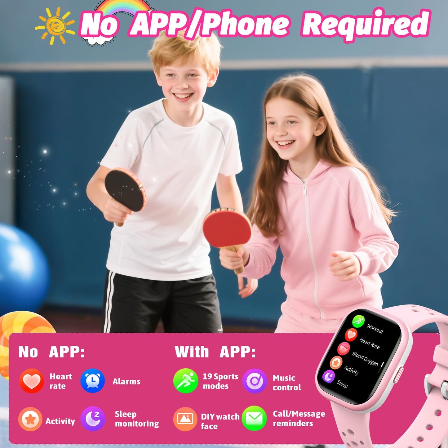 Heroange Kids Smart Watch for Girls Boys,IP68 Waterproof Kids Fitness Tracker Watch with 1.83" Face,Heart Rate Sleep Monitor,19 Sport Modes,Puzzle Games with APP,Great Gifts for Teens 6+ (Pink)