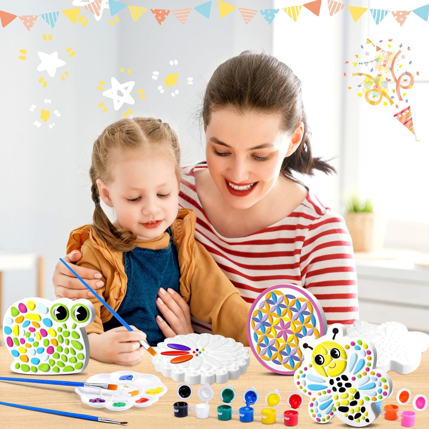 PullCrease 6 Pack Stepping Stone Ceramic Kit for Kids Paint Your Own Plaster Stones Arts and Crafts Handprint Garden and Spring DIY Craft Pottery Outdoor Painting Gifts for Kids Ages 4-12