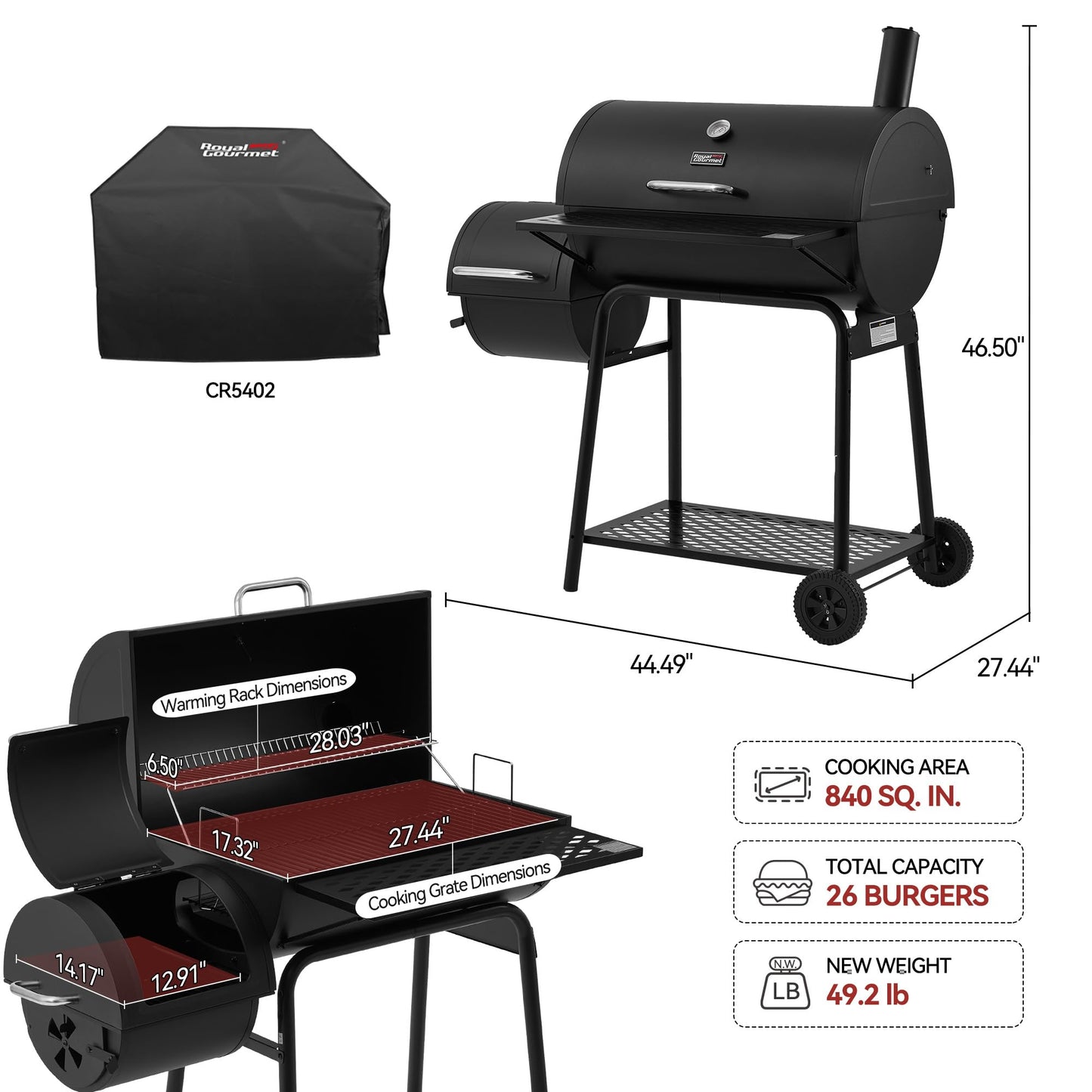 Royal Gourmet CC1830FC 28-Inch Barrel Charcoal Grill with Offset Smoker, 840 Sq. In. Cooking Area, Front Shelf, Charcoal Grill for Outdoor Grilling and Backyard Cooking, Black