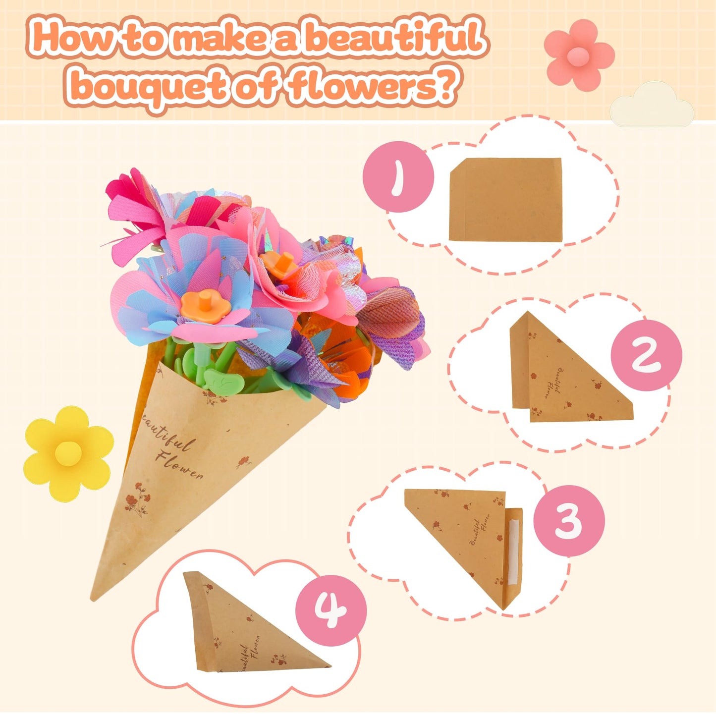 SZBZ Fabric Flower Bouquets Craft Kits, DIY Arts and Crafts for Kids 4-6-8,Press-to-Create Flower Maker, Flower Craft Kits Toys Valentines Day Gifts, Birthday Gifts for 4 5 6 7 8+Year Old Girl