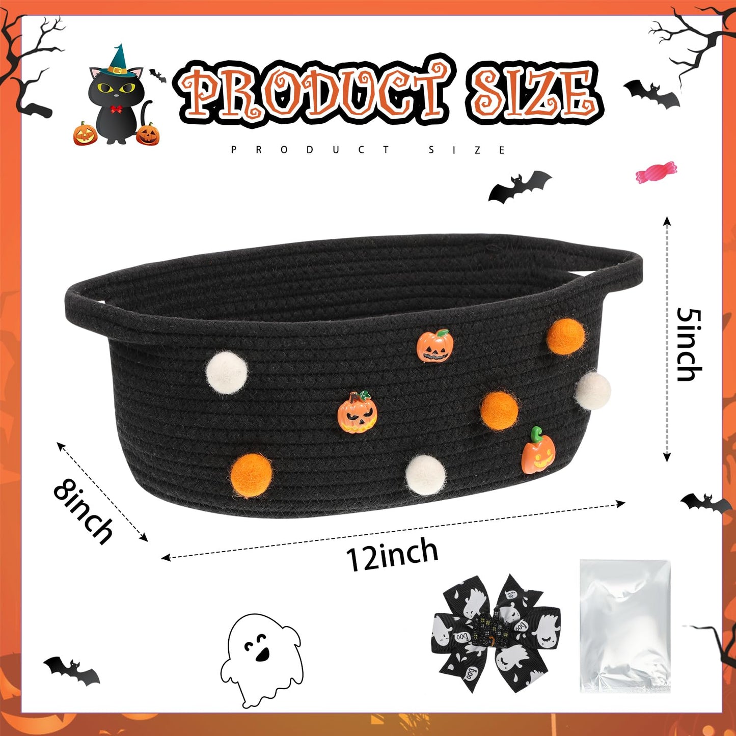 Teenyyou Halloween Gifts Basket Empty, 12" x 8" x 5" Woven Rope Basket with Gift Wrap Bag and Bow Clip for Halloween Party Gift Wrapping Decorations(Black)