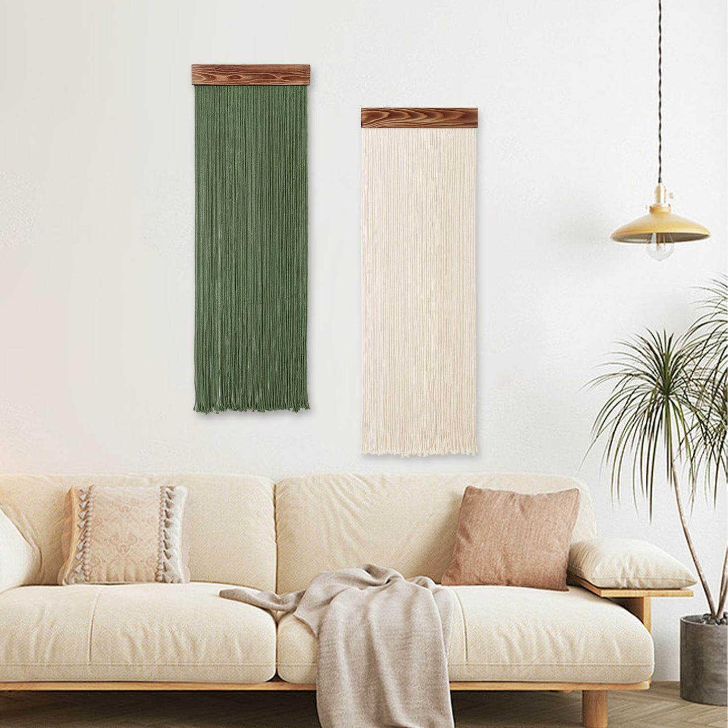 KHOYIME Macrame Wall Hanging Boho Chic Home Decor, 2PCS Bohemian Green Beige Tassel Yarn Tapestry Modern Handmade Large Wall Art Decorations for Living Room Bedroom Nursery Backdrop 11.8''W x 36''L