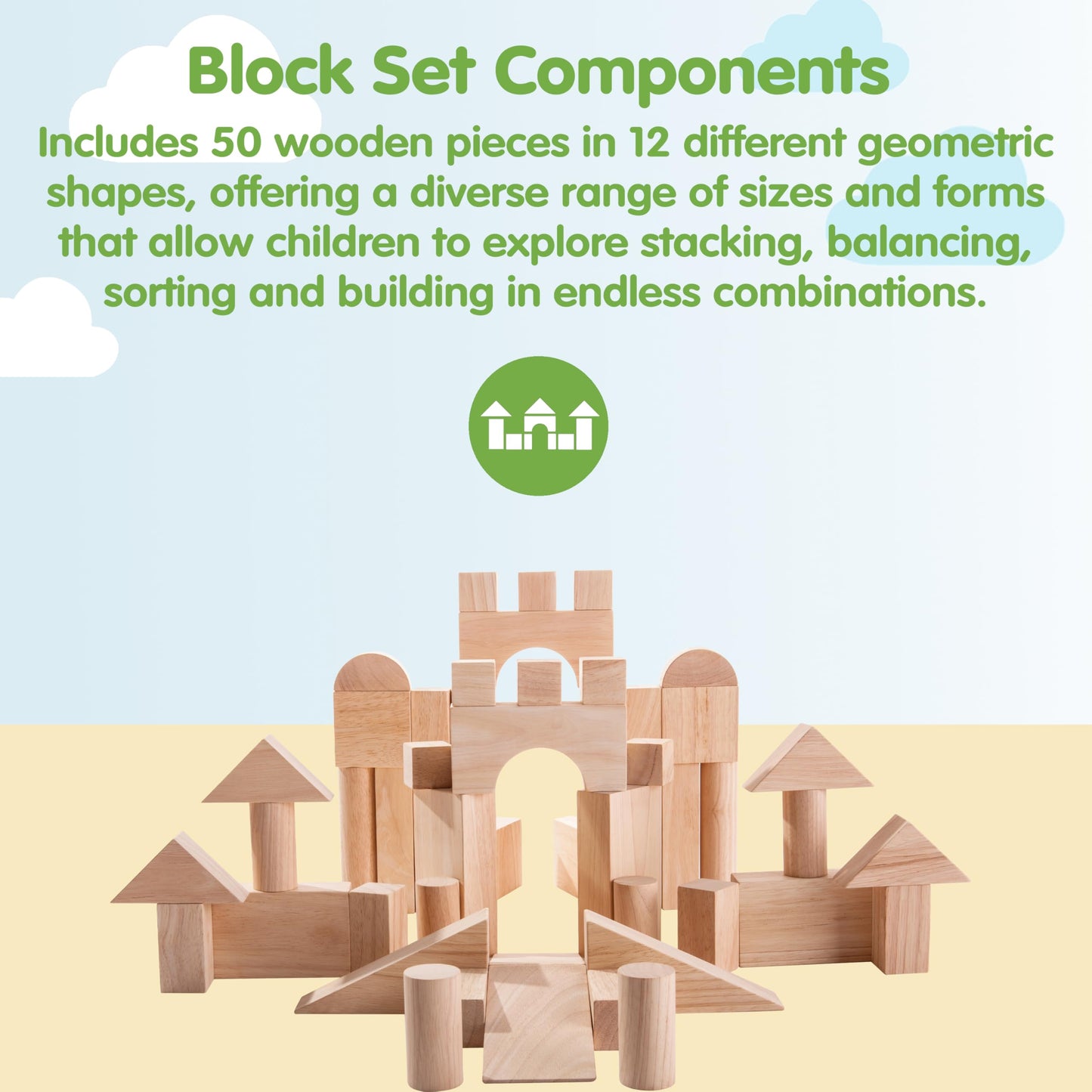 PlanToys Wooden 50 Piece Unit Block (35 mm) Building Set (5502) | Sustainably Made from Rubberwood and Non-Toxic Paints and Dyes | PlanNatural Classic Wooden Toy Collection