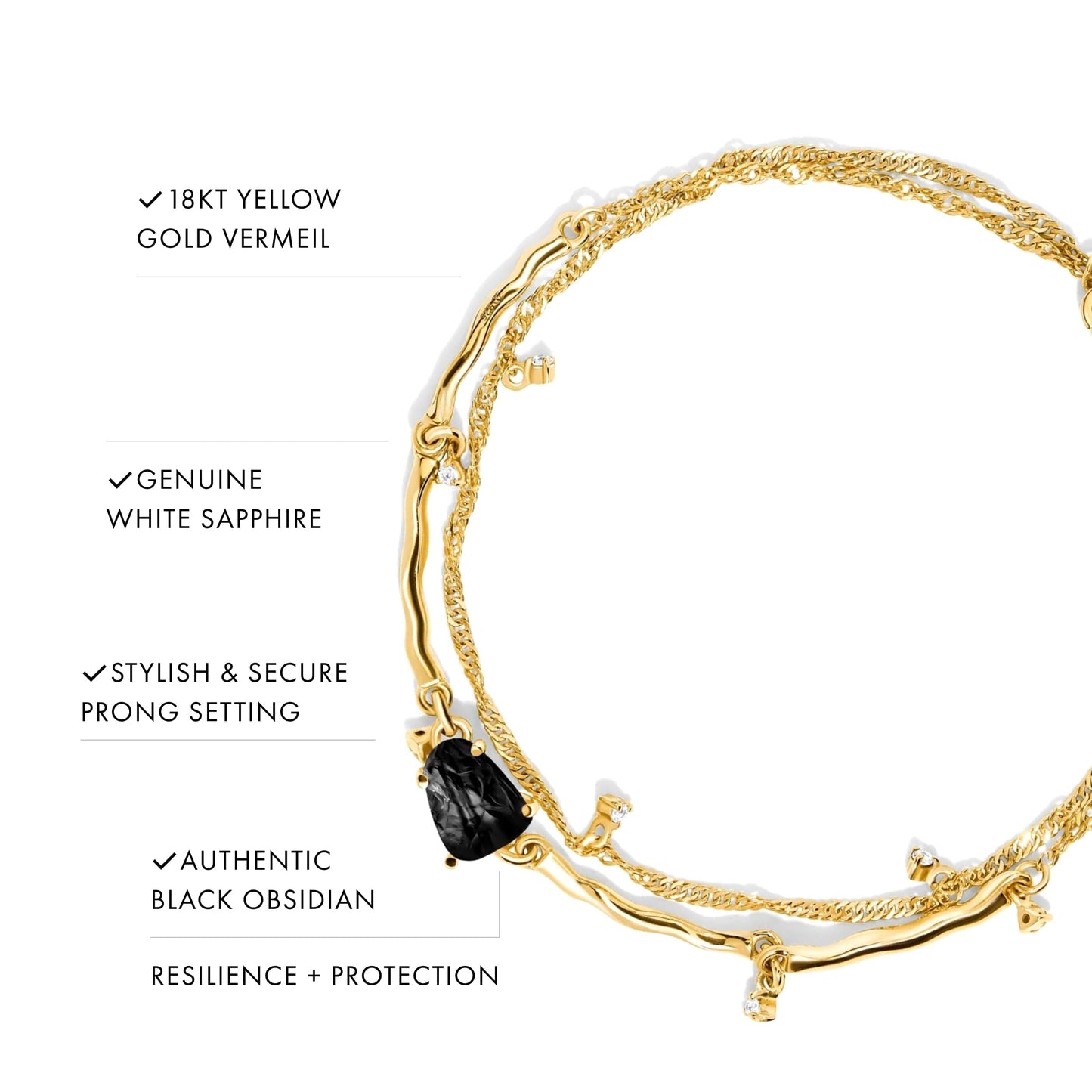 Moon Magic Moonstone Bracelet for Women | Black Obsidian, Rose Quartz Bracelet/Real 925 Sterling Silver | 18k Rose & Yellow Gold Rainbow Genuine Moonstone Jewelry for women | June Birthstone Bracelet
