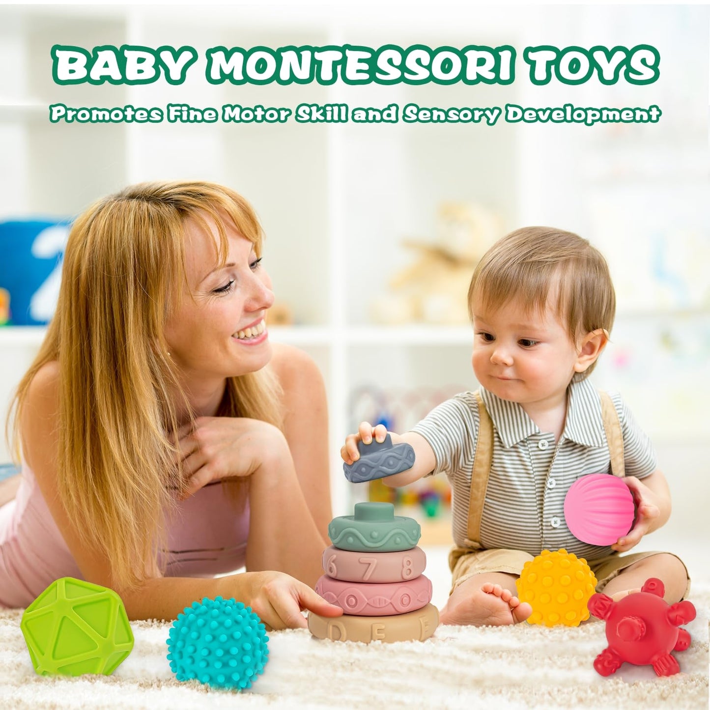 SpringFlower 3 in 1 Montessori Toys for Babies 0-3-6-12 Months, Soft Baby Teething, Stacking Building Blocks for Infants, Sensory Developmental Education Toys for Toddler Baby 12-18 Months,22 PCS