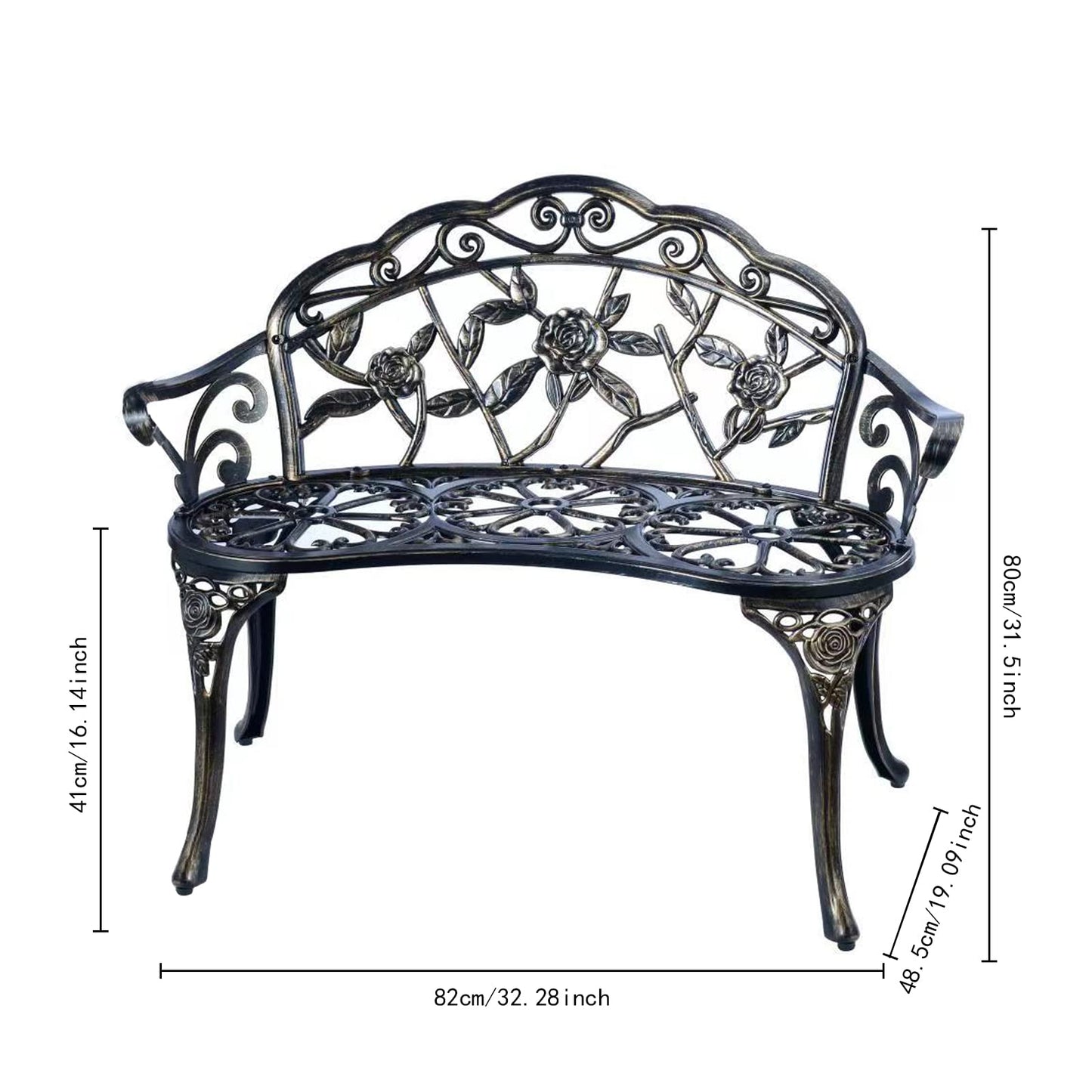 YKSY&YKSY Patio Garden Bench Metal Park Bench Cast Aluminum Outdoor Furniture with Floral Rose for Patio,Park,Lawn,Yard (Copper)