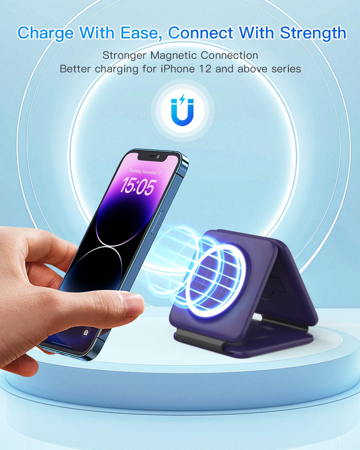 Iseyyox Charging Station for Mag Safe Apple - 3 in 1 Magnetic Foldable Wireless Charger Pad - Travel Charging Mat for iPhone 17 16 15 14 13 12 Pro Max Plus Watch & Airpods