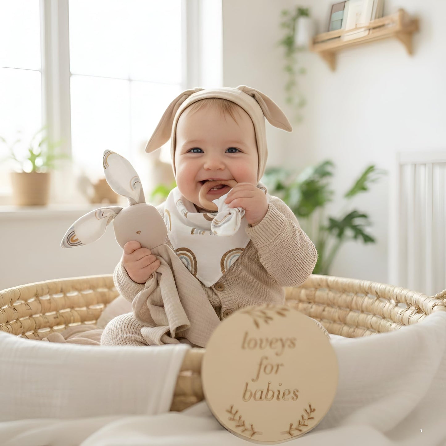 LUCOI Organic Cotton Baby Gift Set – 4 Piece Muslin Bunny Lovey Blanket + Teether Ring + Bandana Bib + Announcement Card | Gender Neutral Newborn Gift Box | Organic Lovey for Babies