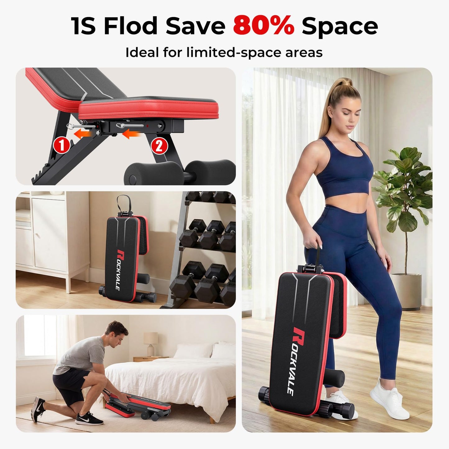 Rockvale 95% Pre-assemble Adjustable Weight Benches for Home Gym, 9 Backpad Positions Workout Bench, 660lb Compact Bench Press for Small Space(1Sec Fast Folding)