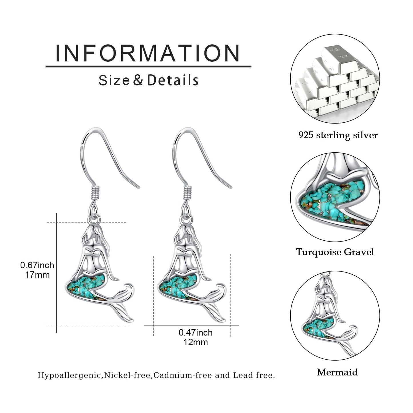 Mermaid Earrings for Women 925 Sterling Silver Turquoise Ocean Dangle Drop Earrings Sea Beach Themed Jewelry Summer little Mermaid Gifts for Friends