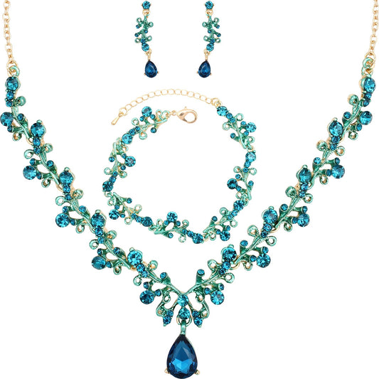 3Pcs Austrian Crystal Jewelry Set for Women, Necklace Dangle Earrings Link Bracelet Jewelry Set with Gold/Platinum/Gun Plated, Wedding Party Jewelry for Bridal Bridesmaid (Blue-Gold Plated)