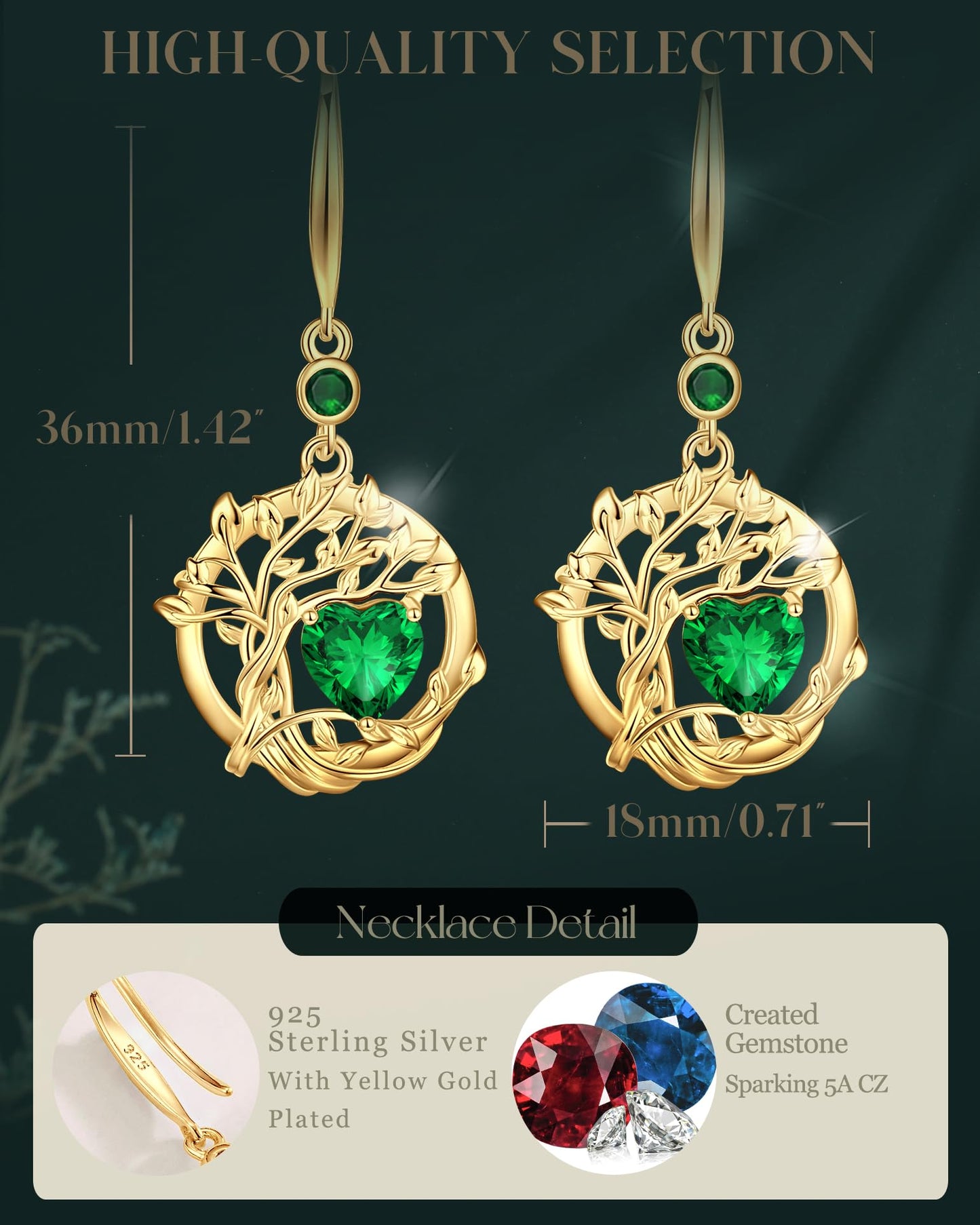 FANCIME Tree of Life Earrings 925 Sterling Silver Dainty Yellow Gold Plated Emerald Dangle Drop Green Gemstone Earring May Birthstone Fine Jewelry Birthday Mothers Day Gifts for Her Women
