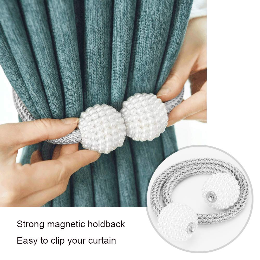 Pinowu [2 Pack] Magnetic Curtain Tiebacks Convenient Drape Tie Backs,Pearl Decorative Rope Holdback Holder for Small, Thin or Sheer Window Drapries (Gray)…