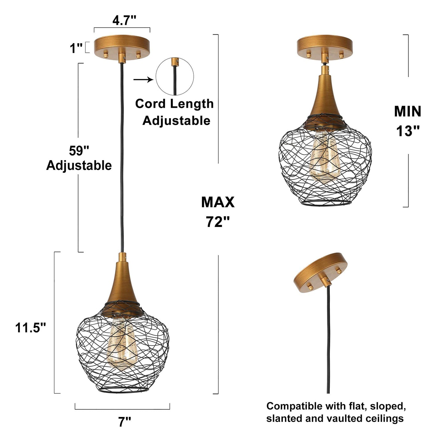 Durent Lighting Brass Modern Industrial Pendant Light, Antique Gold and Black Pendant Lighting Fixtures with Metal Wire Cage for Kitchen Island, Dining Room, Foyer and Bedroom