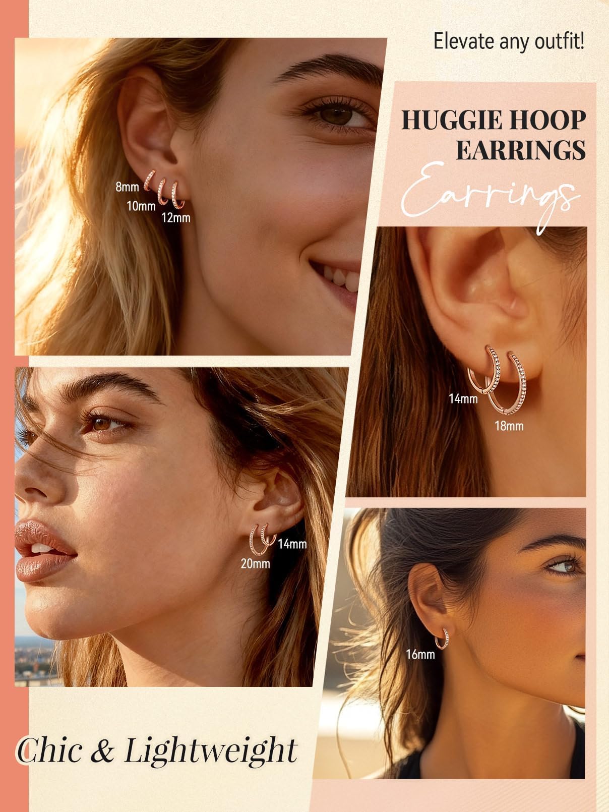 FaithHeart Cubic Zirconia Hoop Earrings for Women, Rose Gold Hypoallergenic Huggie Hoop Earrings, Small Cartilage Earrings for Women 8mm, Send Gift Box