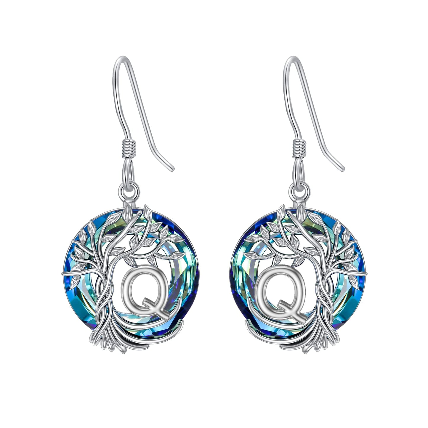 TOUPOP Tree of Life Initial Earrings Sterling Silver Initial Q Letter Drop Dangle Earrings Blue Circle Crystal Family Tree Jewelry Birthday Mothers Day Gifts for Women Mom Her