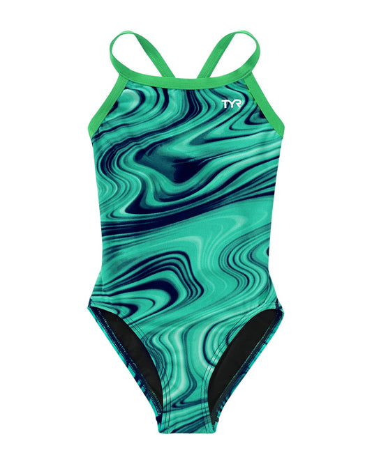 TYR Durafast Elite Diamondfit One Piece Girls' Swimsuit - Athletic Training and Competition Swimwear - Resists Chlorine - 22, Green Vitality
