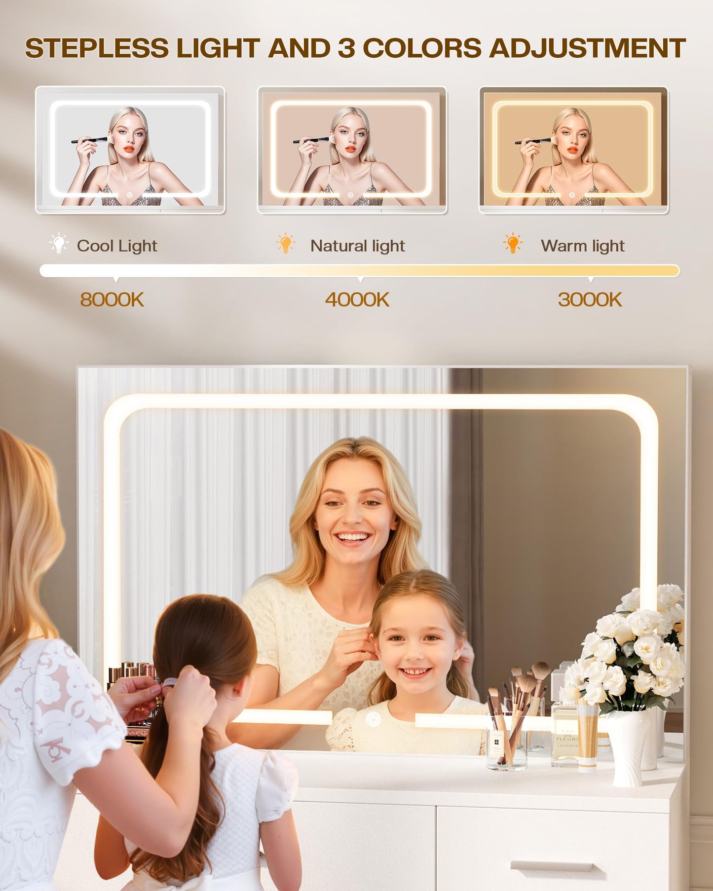 LIVELYGLOW Makeup Vanity Desk with Charging Station & LED Mirror – 35.4" Vanity Table with 4 Drawers, Hair Dryer Rack, & 3 Lighting Modes – Modern Bedroom Furniture (15.7"D x 35.4"W x 53.9"H), White