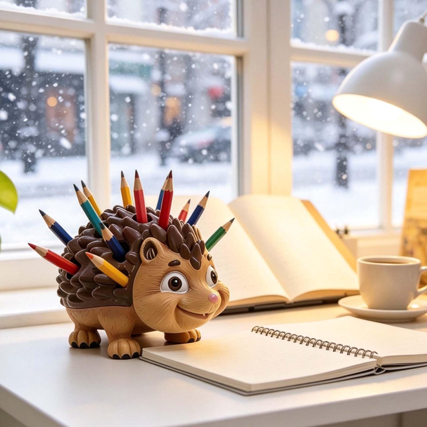 Daoofukeji Pen Holder for Desk Pencil Holder Wooden Hedgehog - Resin Hedgehog Shaped Pen Container Desk Organizer Decoration for Office Desk Home Decorative Animal Pen Holder Funny Gifts for Kids