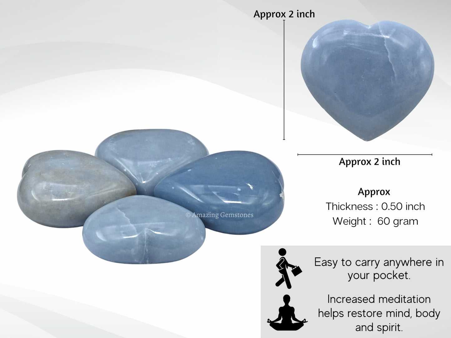 Amazing Gemstone Angelite Crystal Heart Palm Stone - Pocket Massage Worry Stone for Natural Body Chakra Balancing, Reiki Healing and Crystal Grid