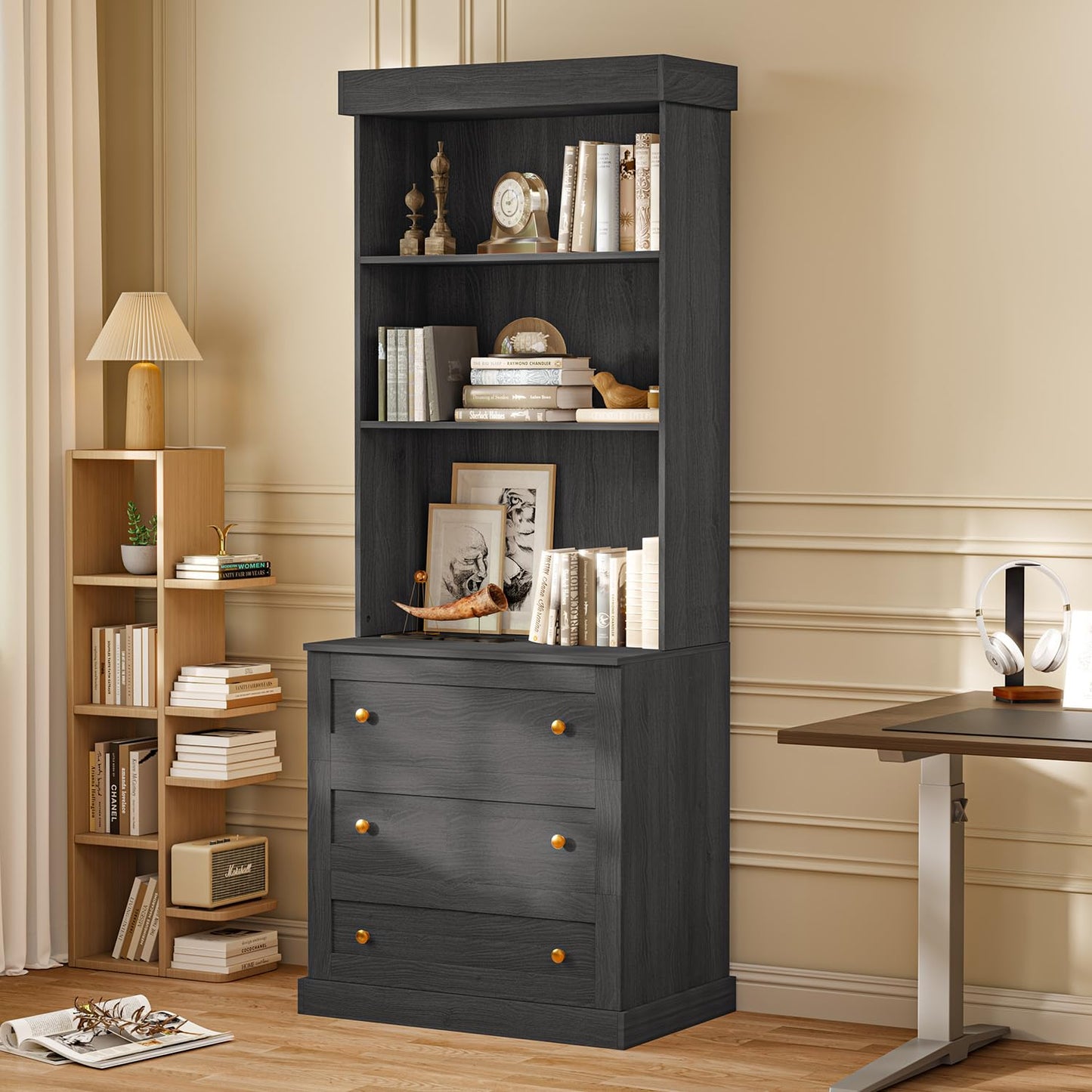 71" Black Farmhouse Kitchen Pantry Cabinet Set of 3— Freestanding Coffee Bar with Glass Doors or Drawers, Microwave Stand, Large Storage Hutch with Adjustable Shelves for Living Room and Kitchen