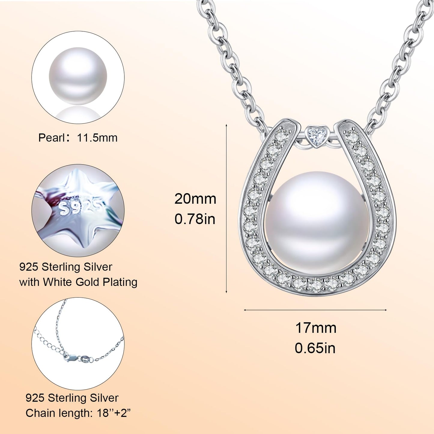 11.5 mm Pearl Necklace 925 Sterling Silver Jewelry 5A Cubic Zirconia Horseshoe Pendant Necklace Best Gifts for Mom Women Girlfriend Grandma Her Wedding Birthday Anniversary Engagement Valentine's Day