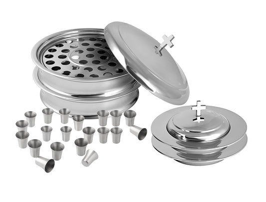 Communion Ware Church Set | Stackable 2 Communion Trays with Cover & 2 Bread Plates with Cover, 80 Cups Included | Ideal for Churches | Stainless Steel - Shiny (Silver) Finish