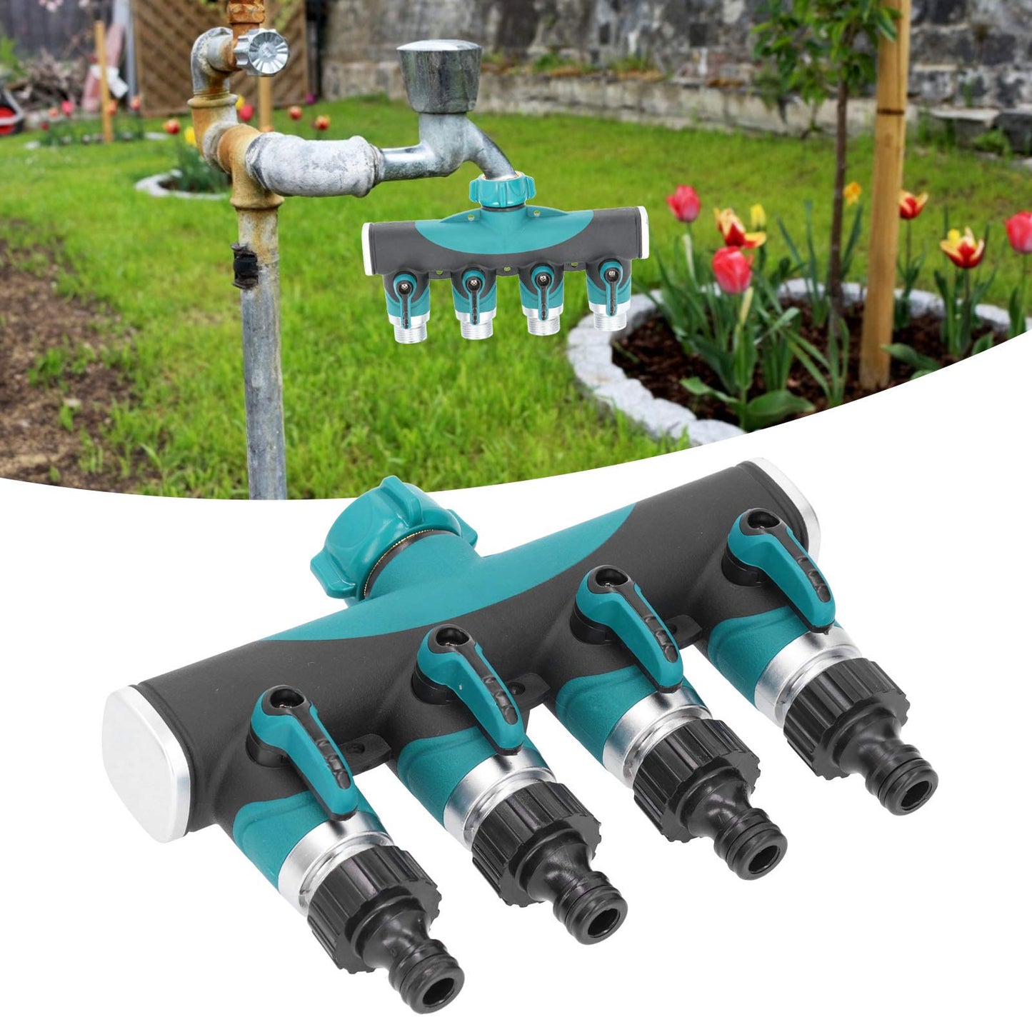 4 Way Garden Hose Splitter, 3/4 Inch Heavy Duty Metal Hose Connector with On Off Valves Water Hose Manifold Hose Spigot Adapter for Drip Irrigation
