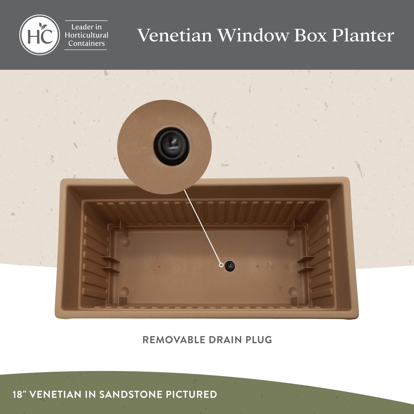 The HC Companies Venetian Window Planter Box w/Drain Plug - Long Planter Box for Windowsills, Balconies & More - Plastic Large Rectangular Planters for Herbs & Flowers (24" Sandstone, Pack of 1)