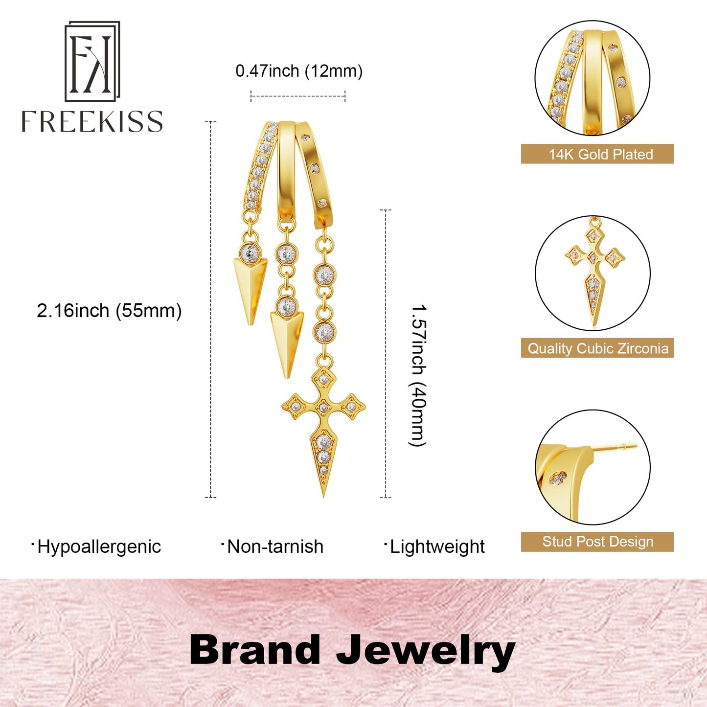 Freekiss Gold Cross Dangle Earrings for Women, 3 Hoop Illusion Huggie Drop Earring Set with Zircon, 14K Gold Plated Hypoallergenic Stud Earrings Gothic Jewelry for Women