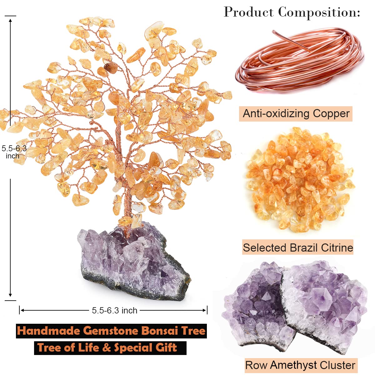 MASGEMES Natural Citrine Crystal Tree with Amethyst Geode Base,Healing Crystals Feng Shui Bonsai Money Tree,Chakra Balancing Positive Energy Home Decor 5.5"-6.3"