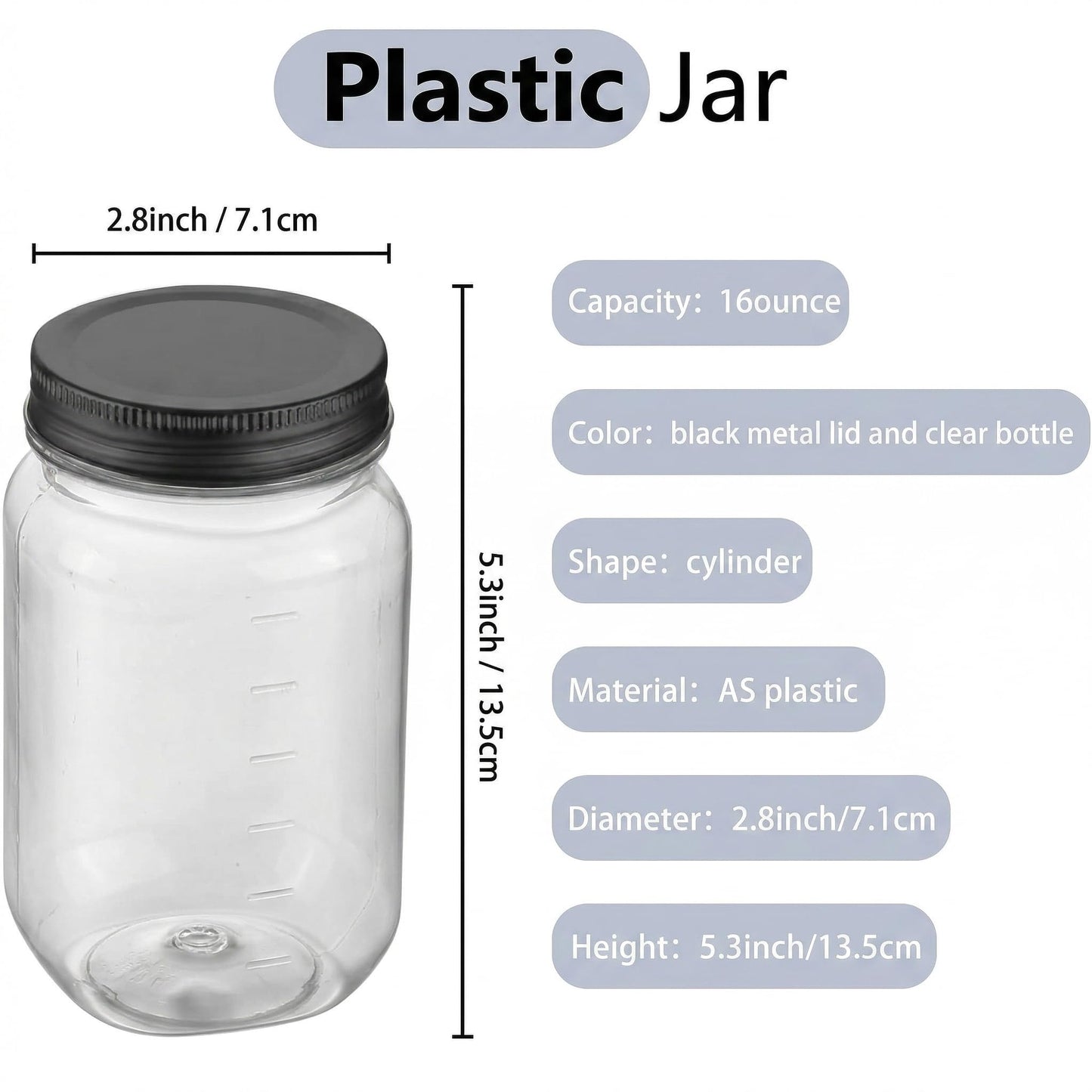 novelinks 16 oz Clear Plastic Jars with Lids, Refillable 16oz Mason Jars with Lids & Storage Containers for Kitchen & Household Use (10 Pack,Black)