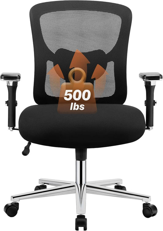 Sweetcrispy Big and Tall Office Desk Chair with Lumbar Support, 500lbs Heavy Duty Mesh Ergonomic Computer Chair with 4D Armrest and Wide Comfy Seat, Wheels for Adult, Black