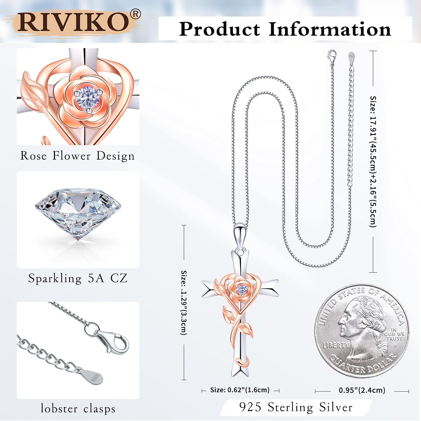 RIVIKO 925 Sterling Silver Cross June Birthstone Necklace for Women Rose Pendant Anniversary Jewelry